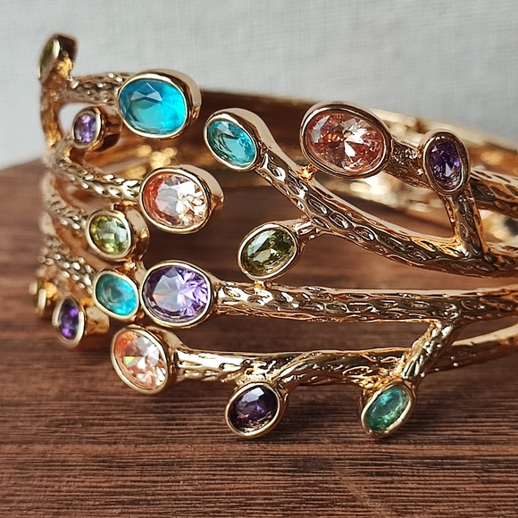 Gold Tone NEW Clamper Bracelet Multi Gemstone Open Back Topaz Citrine Purple - Picture 8 of 12